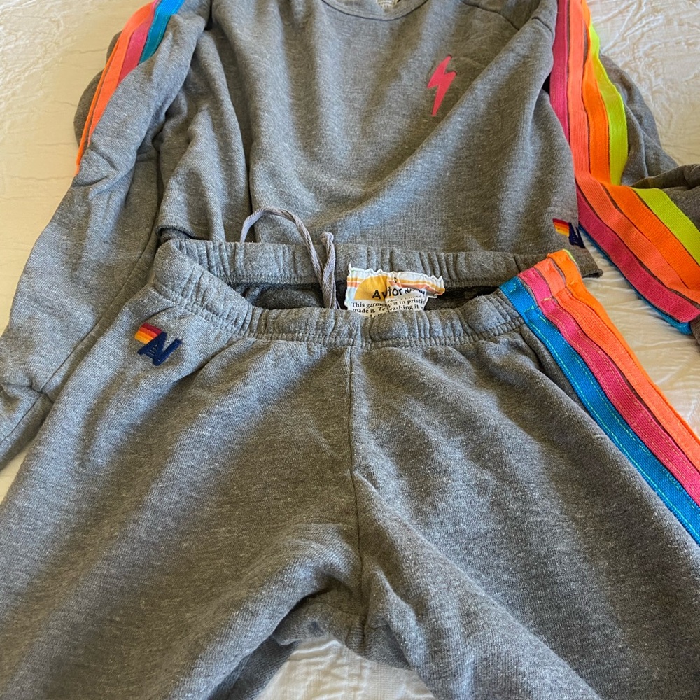 Gray ladies Sweatpants and matching top with Rainbow Stripes